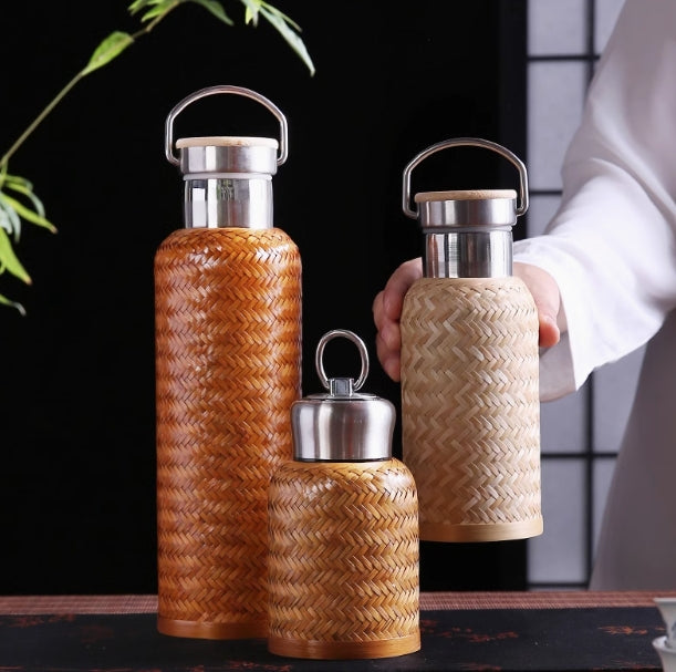 Creative handmade bamboo rattan stainless steel thermos kettle sports cup food grade portable retro cup